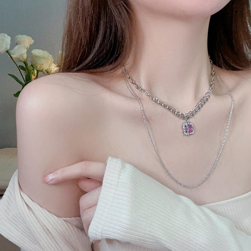 Double-layer Square Rhinestone Necklace Light Luxury Cold Wind Ins Tide Personality Thick Chain Jewelry Titanium Steel Necklace
