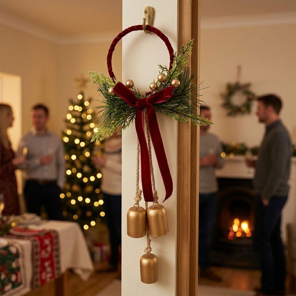 with 3 Bells Xmas Doorknob Hanging Bell Vintage Xmas Metal Bell Pendant Entryway Decoration