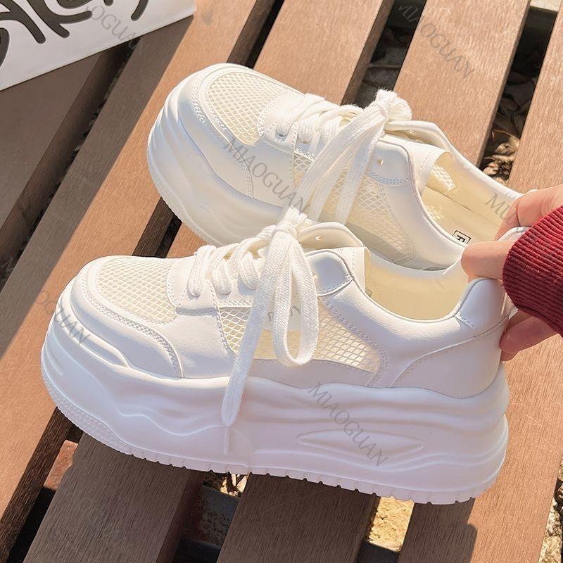 Fashion New Summer Round-toe Lace-up Casual White Thick-soled Vulcanized Shoes Comfortable Flat-soled Fashion Mesh Sneakers for Women