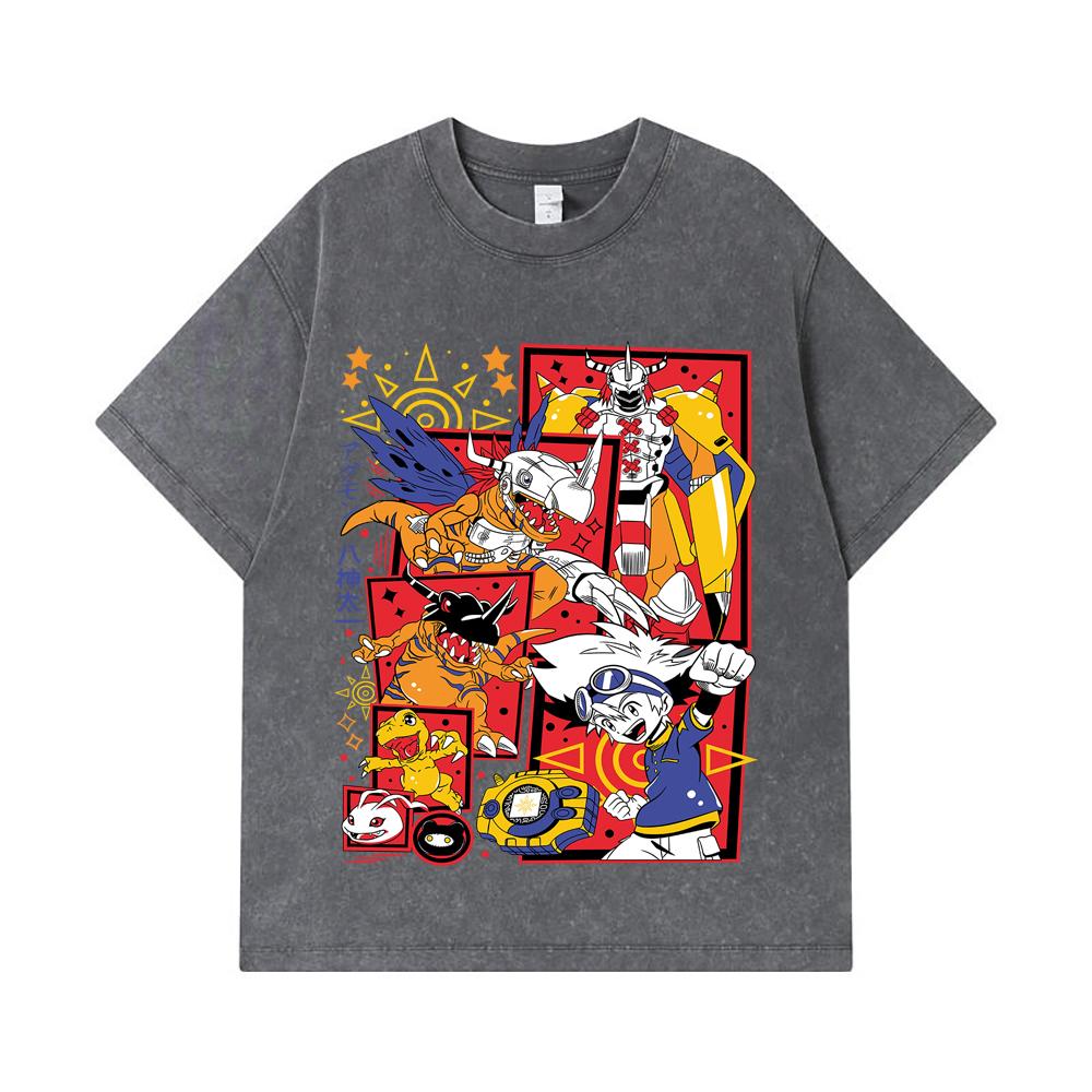 275 GSM Washed T-shirts 100% Cotton Digimon V1 Agumon Print Unisex Heavy Cotton T Shirt