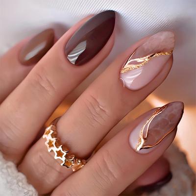 24 Peças Unhas Postiças Simples Amêndoa Vestíveis com Padrão de Linhas de Mármore Gradiente Dourado Cola de Unha Postiça Cobertura Completa Ferramentas de Manicure