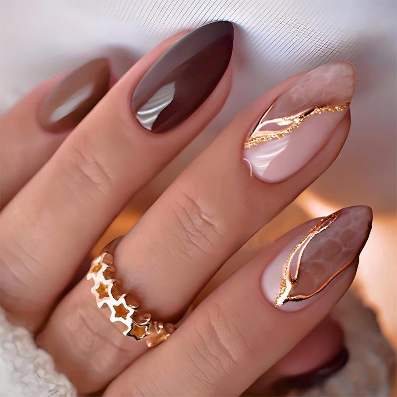 24PCS Simple Almond Wearable Press On Nails with Marble Lines Pattern Gradient Gold Fake Nail Glue Full Cover Manicure Ins Tools
