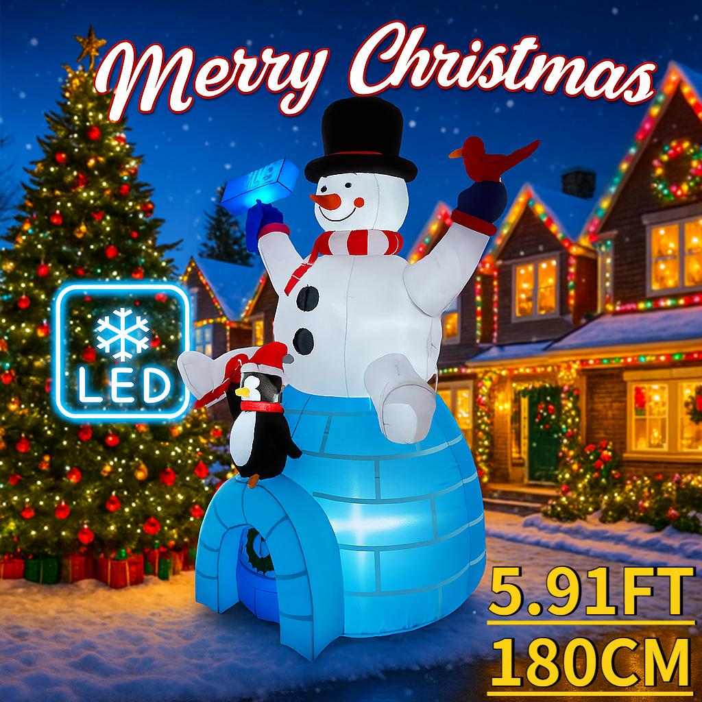 

5.91FT Christmas Inflatable Toys Snowman Penguin Igloo Home Ornaments Festive Gift LED Lights Xmas Supplies Yard Decoration EU