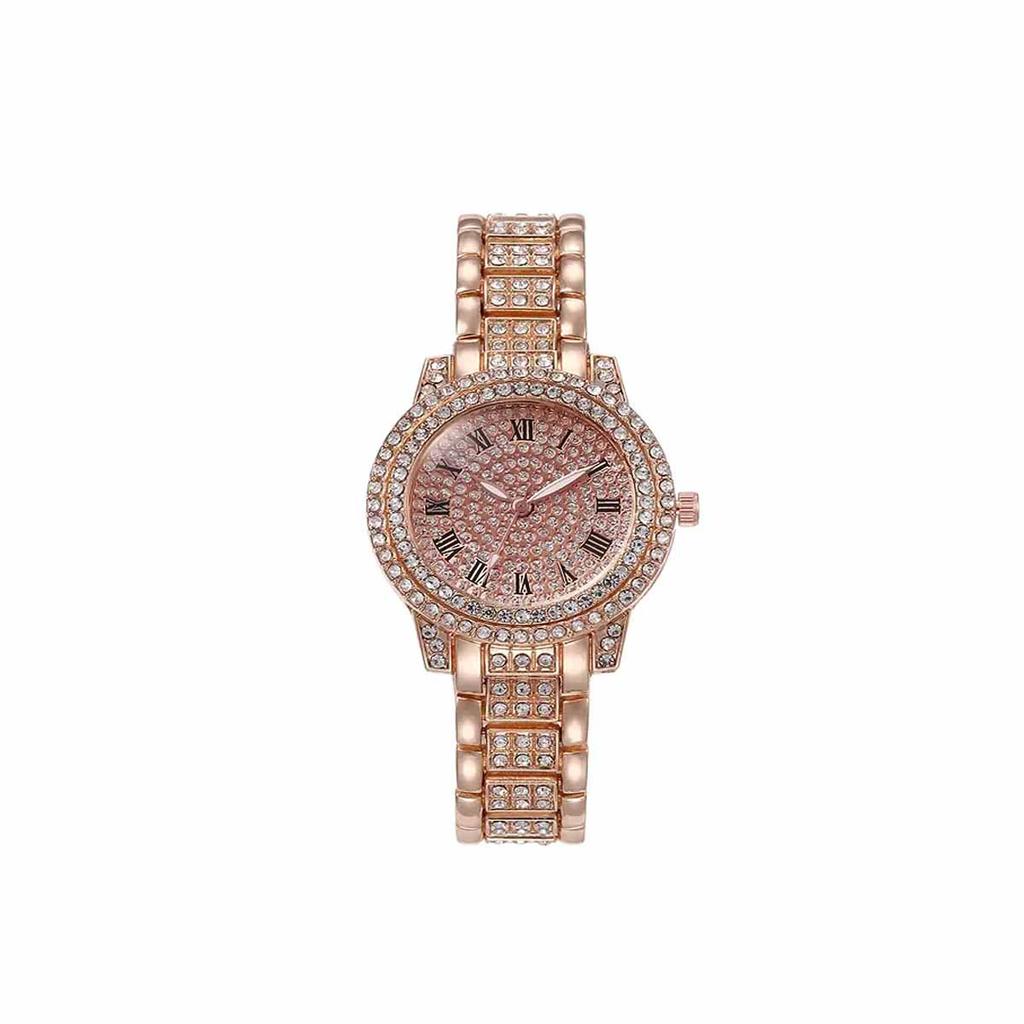 1pc-Ladies' Diamond Inlaid Quartz Watch, Rose Gold Roman Numeral Full Diamond, Niche Style