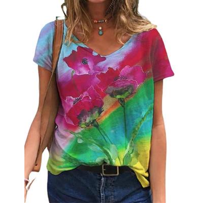 Summer Floral Printed T-shirt for Women Short Sleeved V-neck T-shirt