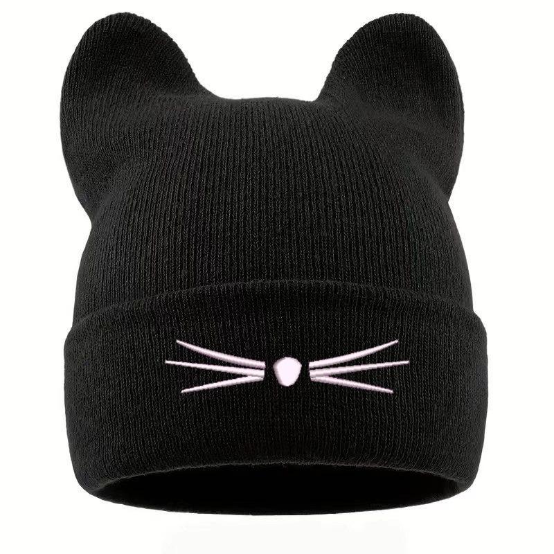 Ladies Cat Ears Knitted Hat Cat Pattern Cute Wool Hat Pullover Hat, Stylish Warm Knitted Hat