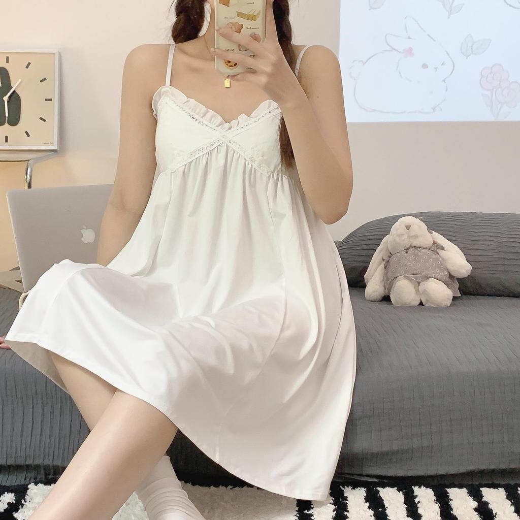 White Summer Nightdress with Chest Pad – Sweet, Pure Desire Style Imitation Cotton Pajamas for Women