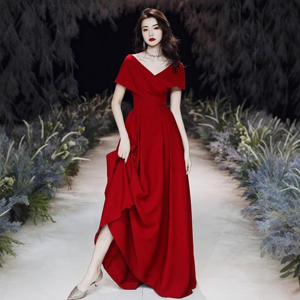 Burgundy Evening Dress Female High-end Banquet Toast Dress Temperament Host Performance Catwalk Red Carpet Dress
