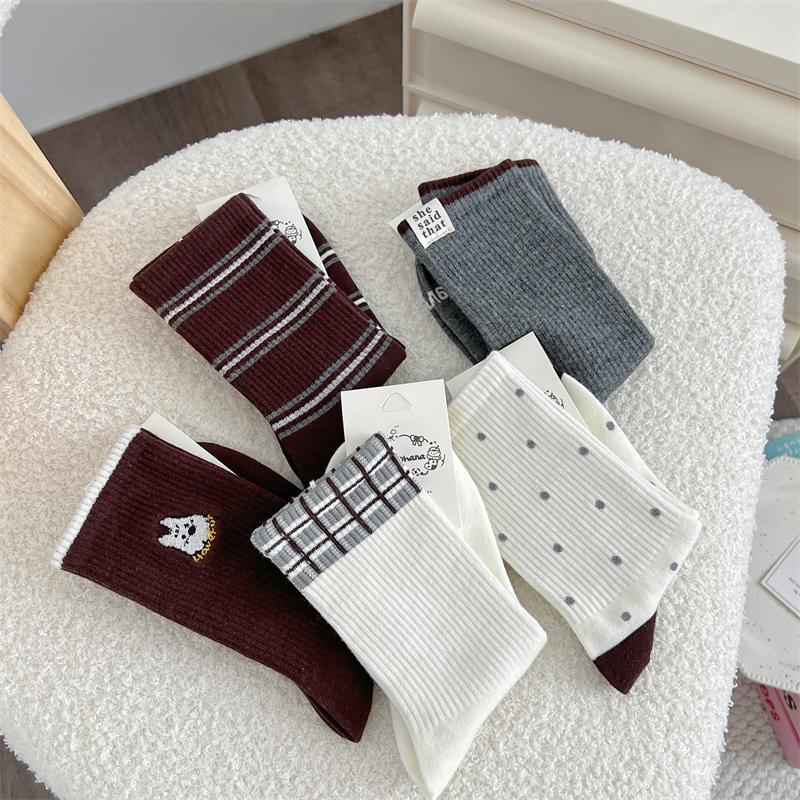 Female Spring and Autumn Sweet Cute Spot Striped Cartoon Dog In The Tube Pile Pile Cotton Socks