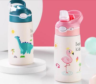 Sticlă de apă pentru copii de 400 ml, ceașcă pentru copii cu animale din desene animate, cu paie, din oțel inoxidabil, sticlă termo, căni termice