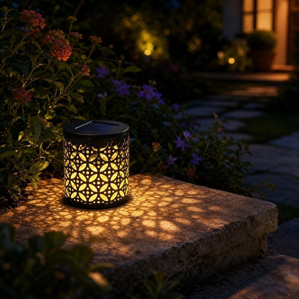 Solar Powered Outdoor Decorative Lantern for Garden Patio Yard Balcony Waterproof Metal Patterned Ambient Lighting