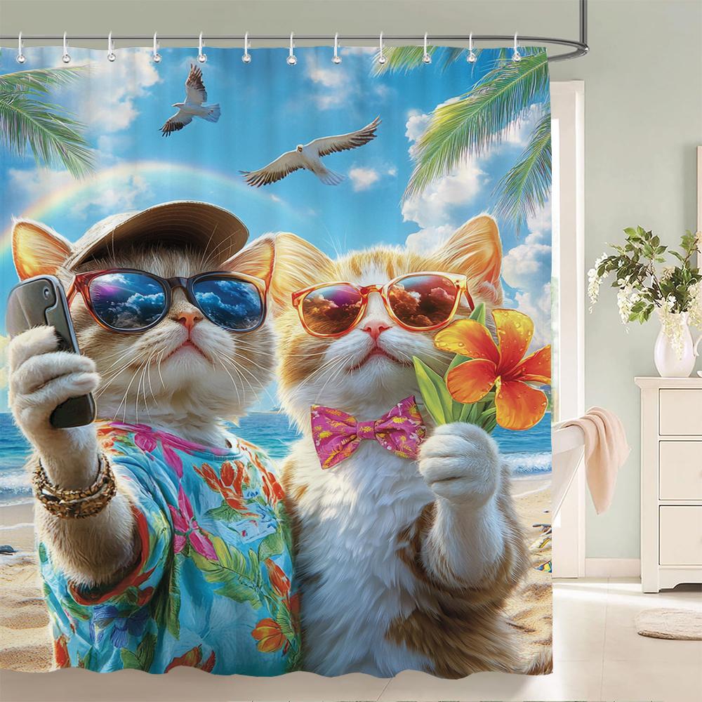 Funny and Creative Beach Cats and Dogs Fabric Shower Curtain Waterproof Polyester Bath Curtains for Bathroom Decorate with Hooks