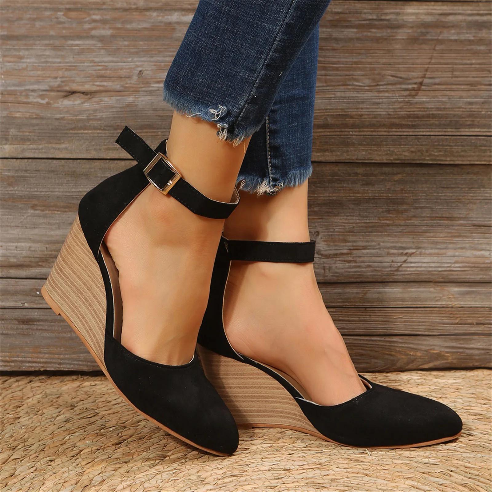 

Women High Heel Sandals Closed Toe Solid Suede Pointed Wedge Heel Shoes Thick Bottom Buckle Sandals Female Footwear 43 чёрный