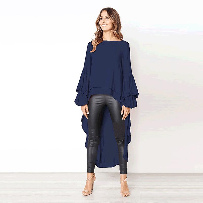 Women's Fashion Long Sleeved Irregular Chiffon Shirt Round Neck Trumpet Sleeves Shirt Solid Color Loose Office Blouse Elegant Blouse