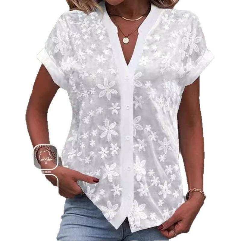 Camicia Casual Semplice Estiva da Donna Scollo a V Colore Unito Moda Elegante Blusa Larga Floreale Dolce Manica Corta Ufficio Streetwear Top