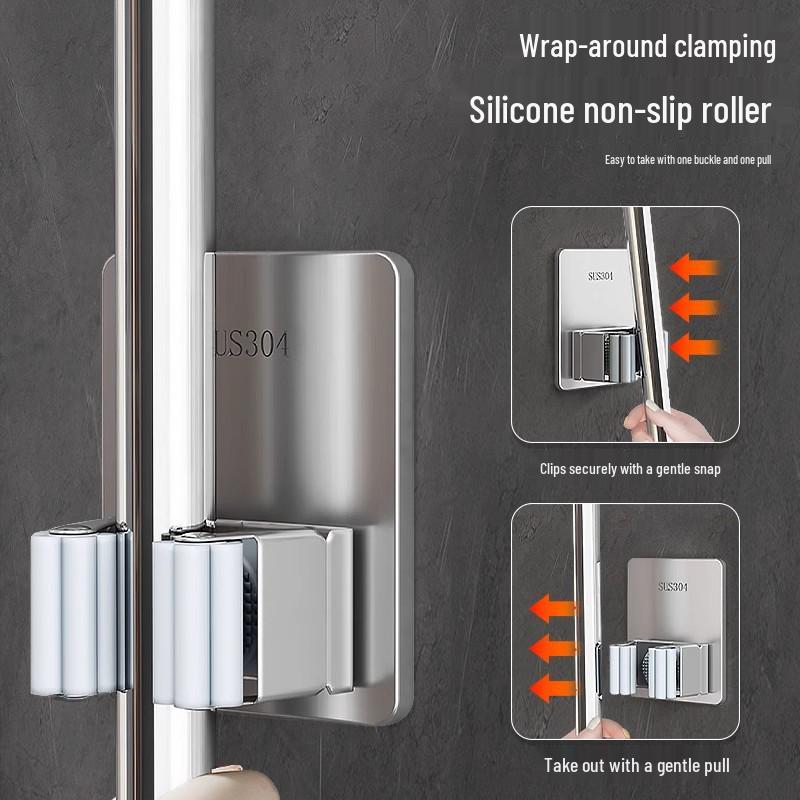 Stainless Steel No-Drill Mop Wall Mount Clip - Strong Adhesive, Traceless, Heavy-Duty Hook for Bathroom and Door