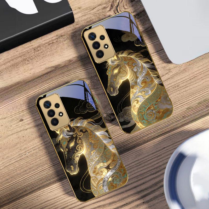 Ruishou Golden Steed For Samsung A73 A72 A71 A42 A56 A55 A54 A53 A52s A52 A51 A36 A35 A34 A33 A32 A16 14 Golden glass phone case