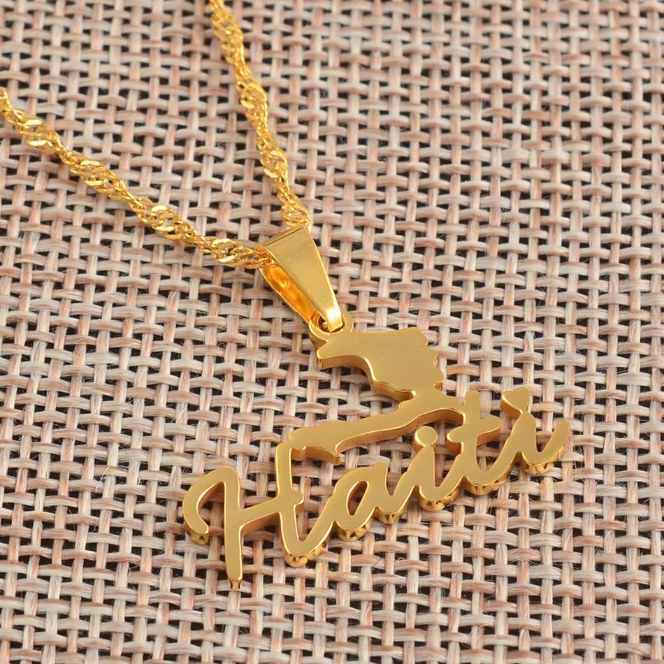 Anniyo 2.7CM Stainless Steel Charm Haiti Map Pendant Necklace Women Girls Ayiti Maps Gold Color Party Jewelry Haiti @076021