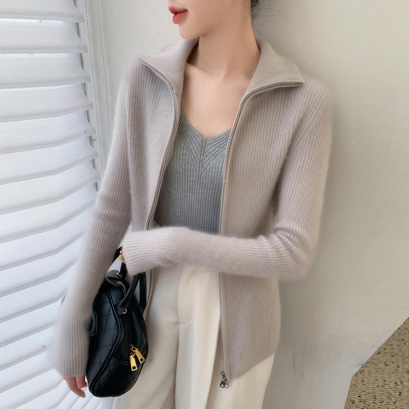 2025 Fall/Winter Women's Versatile Striped Cashmere Zipper Cardigan Sweater