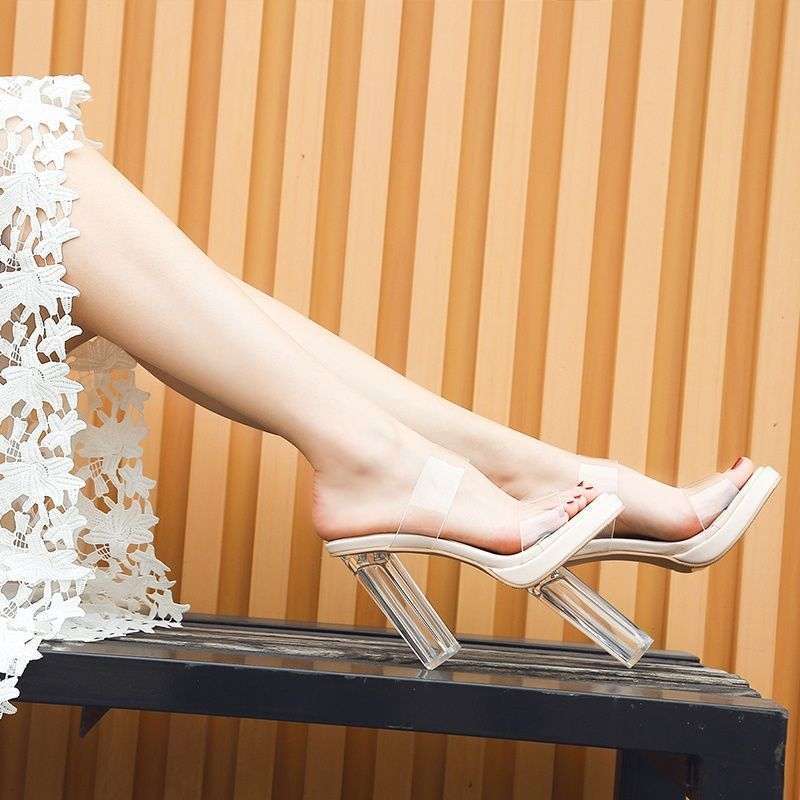 One Word with Transparent Crystal Super High Heel Waterproof Table Thick Heel Cool Slippers 2025 New Women's Summer Small Size 313233