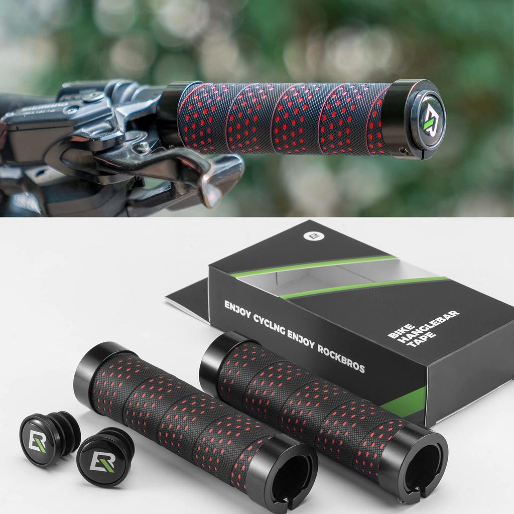 ROCKBROS Bicycle Handlebar Grips with Bar Tape Aluminum Lock Ring for Double for Mountain Bikes Grips, Anti-Slip Style, 22.2mm Handlebars,