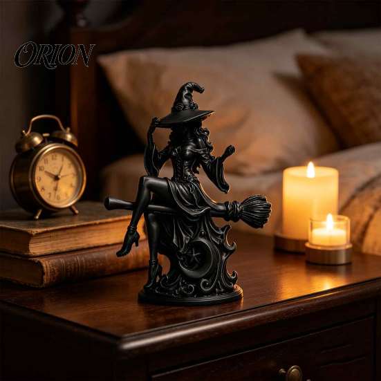 Halloween Party Table Centerpiece Gothic Witch on Broom Statue, 3D Printed Spooky Tabletop Figurine for Home Decor Party, Black Desk with Pointy Hat,