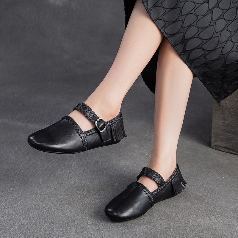 Johnature Genuine Leather Solid Color Belt Buckle Women's Shoes Retro Versatile Tassel Round Toe Soft Sole Flats