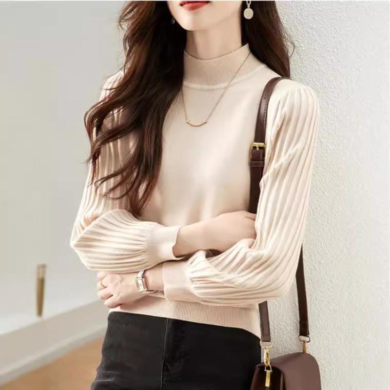 Podzimní a zimní spodní tričko s polovičním rolákem, hřejivé nabírané rukávy, pletený svetr pro malé postavy, ležérní svetr pro ženy
