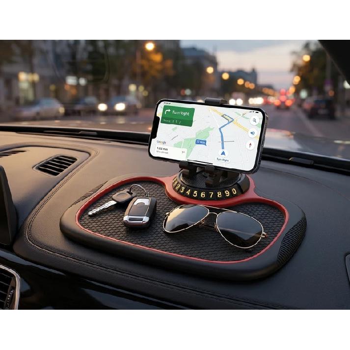 3-in-1 Car Anti-Slip Mat Multifunction Auto Phone Holder 360° Rotating Dashboard Pad with Temporary Parking Number Plate PVC