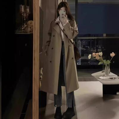 Khaki Double-breasted Trench Coat for Women Spring and Autumn New Korean Style Retro British Style Versatile Small Trench Coat for Women
