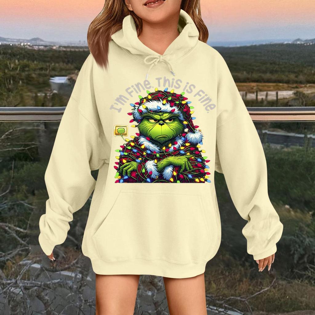 Dětská módní ležérní mikina s dlouhým rukávem, volná, s vánočním potiskem, pulovr s kapucí