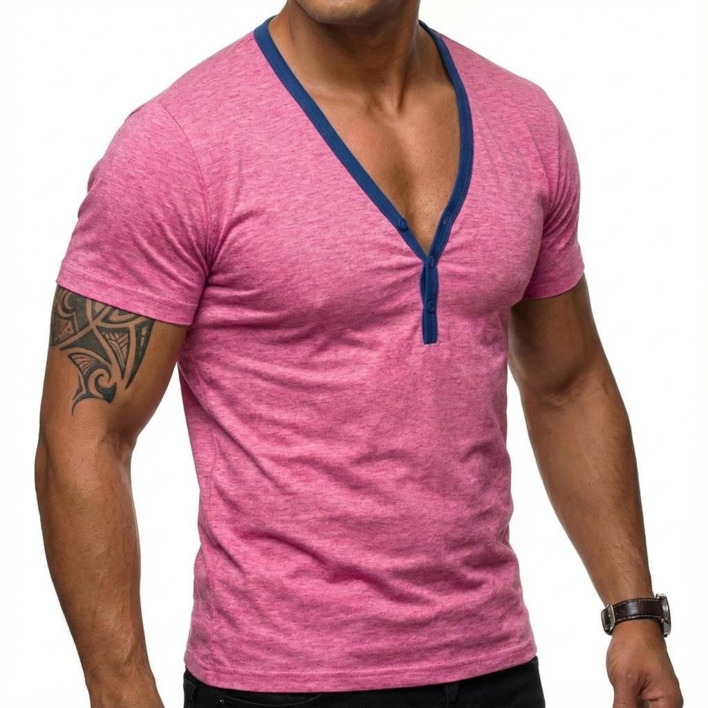 Men's Casual Base Layer Sportswear, Men's Color-blocked Low-cut V-neck Short-sleeved T-shirt Top