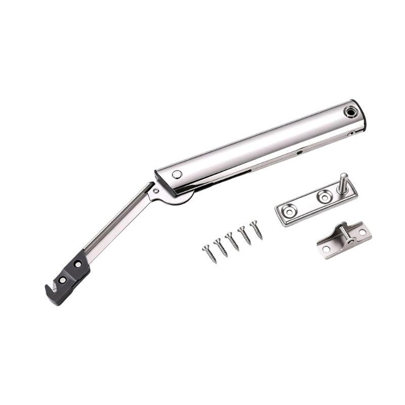 Steel Cabinet Lift Support with Articulated Arm, Adjustable Support Pressure, and Mounting Hardware for a Raised Cabinet Door and Storage Cover
