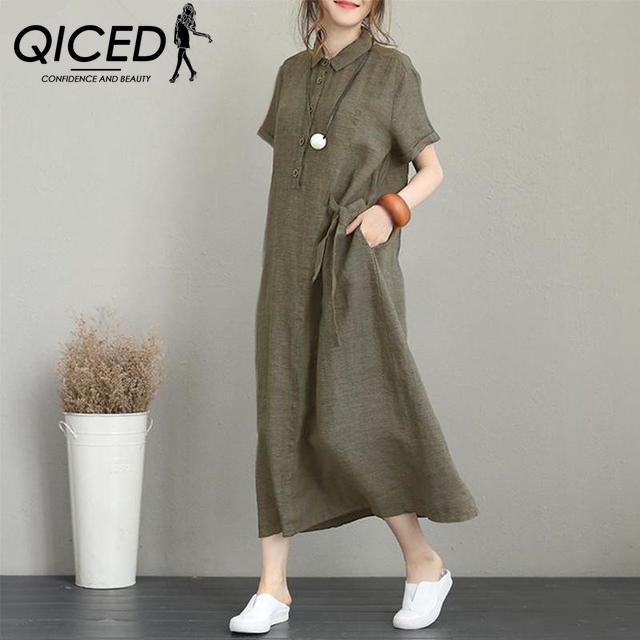 

QICED однотонное хлопково-льняное женское повседневное платье с короткими рукавами и карманами S армия зеленый
