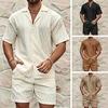 Set Estivo da Uomo 2 Pezzi Camicia a Maniche Corte con Revers e Abbottonatura Pantaloncini con Elastico in Vita Tuta Tinta Unita
