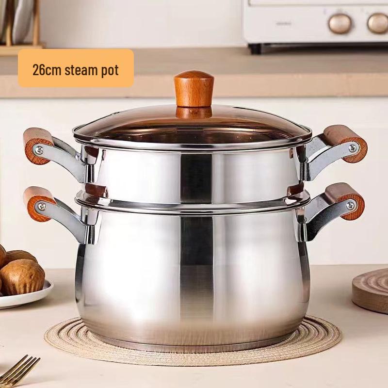Beech Wood Handle Cookware Set: 5PC Stainless Steel Pot Set with Milk Pot, Double-Ear Soup Steamer, and Gift-Ready Packaging.
