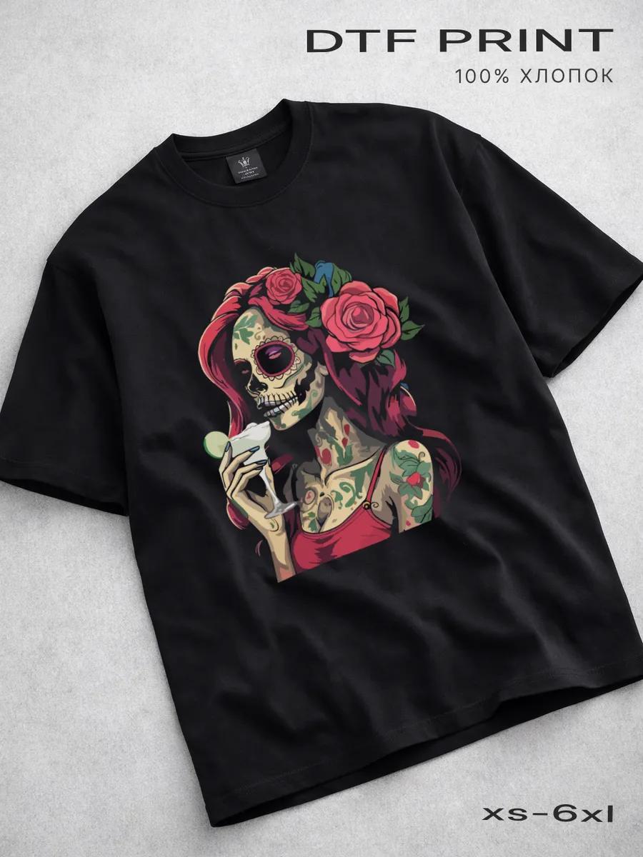 Black skull with flowers T-shirt 2XL