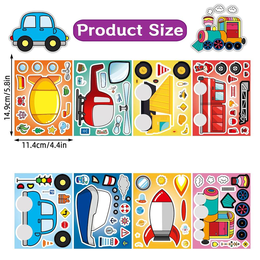 8/16Sheets Transportation Vehicles Puzzle Stickers Rocket Plane Make a Face Decals DIY Luggage Scrapbook Assemble Jigsaw Sticker