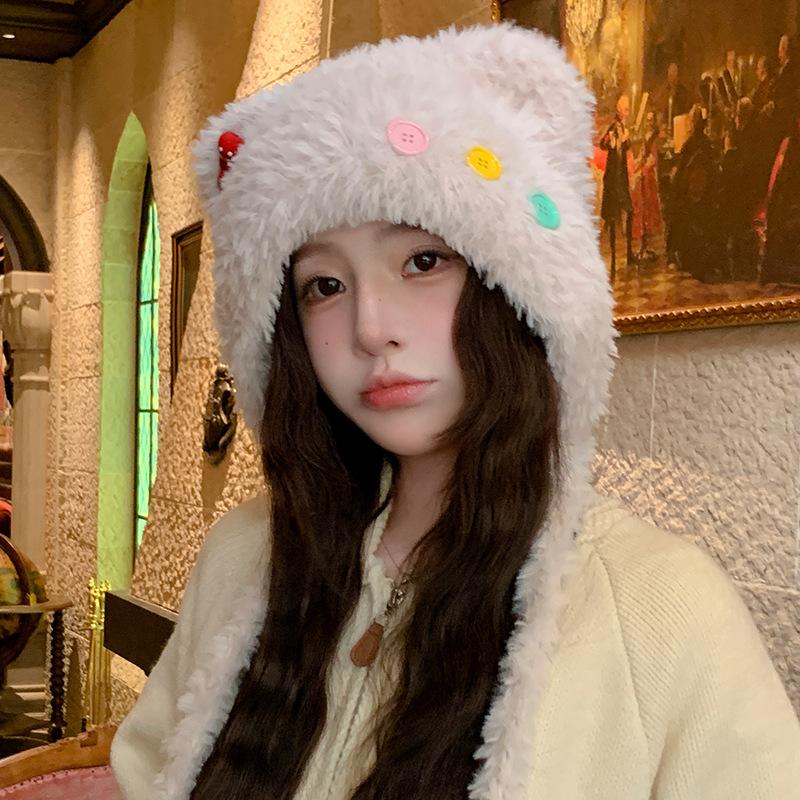 Cute Bear Plush Hat with Colorful Buttons Sweet Lace Up Hat Winter Face Showing Small Warm Ear Protecting Cap