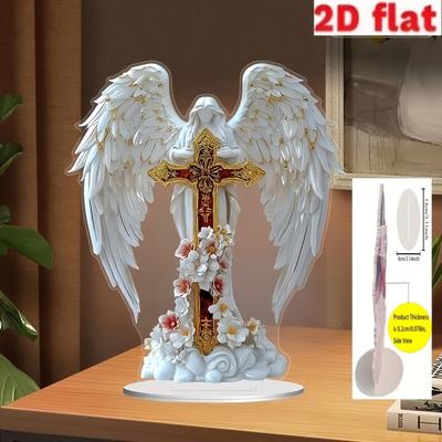 Idealny Prezent Świąteczny Noworoczny dla Przyjaciół Skrzydła Anioła Krzyż 2D Akryl Urocza Ozdoba Anioł Dom Salon Blat