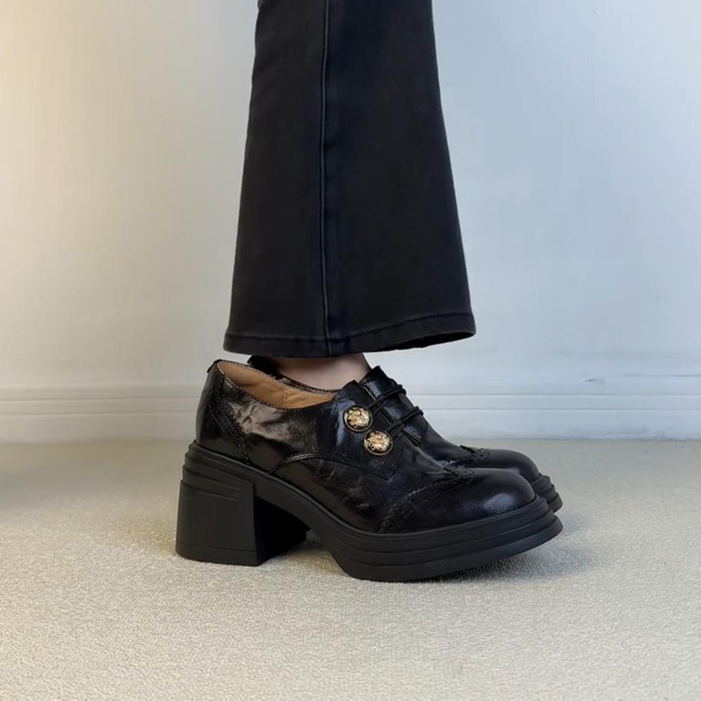 Sheepskin Version~ British Style Brock Small Leather Shoes Women's Waterproof Table High-heeled Leather Single Shoes Button Thick-heeled Loafers