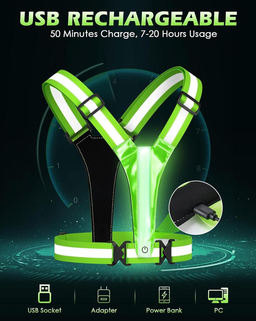 LED Reflective Vest Running Gear, 5 Lights Colors High Visibility Reflective Running Gear Rechargeable Light Up Running Vest for Running  Adjustable