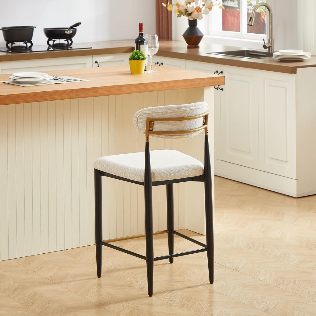 2-Pack Counter Height Bar Stools, Upholstered French Country Kitchen, Ergonomic Curved Backrest, Black & Coffee Contrast Frame, Cream Fabric Cushion