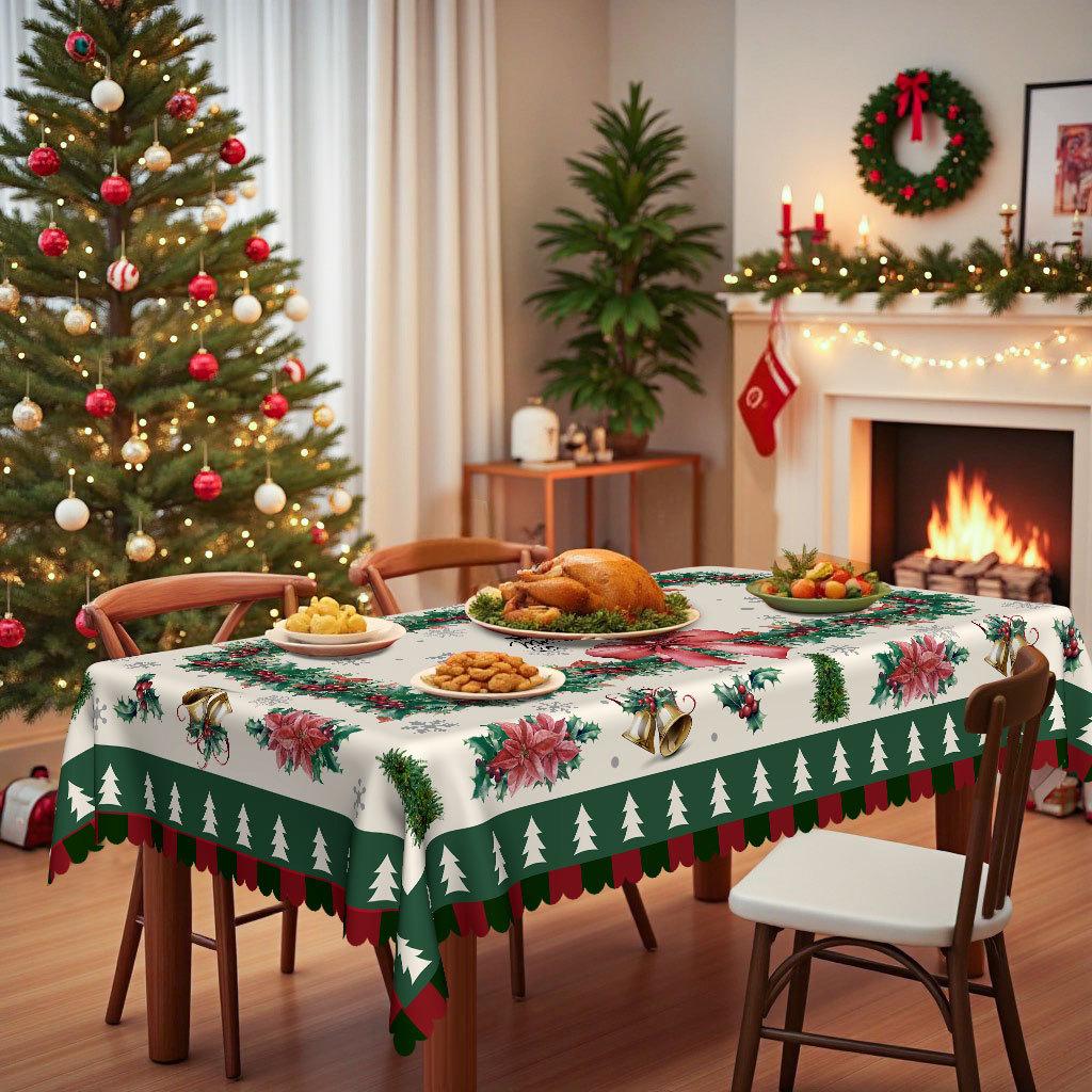 Christmas Party Tablecloth, Waterproof, Snowflake Bell Print, Rectangular Coffee Table Cloth, Holiday Decorative Cloth