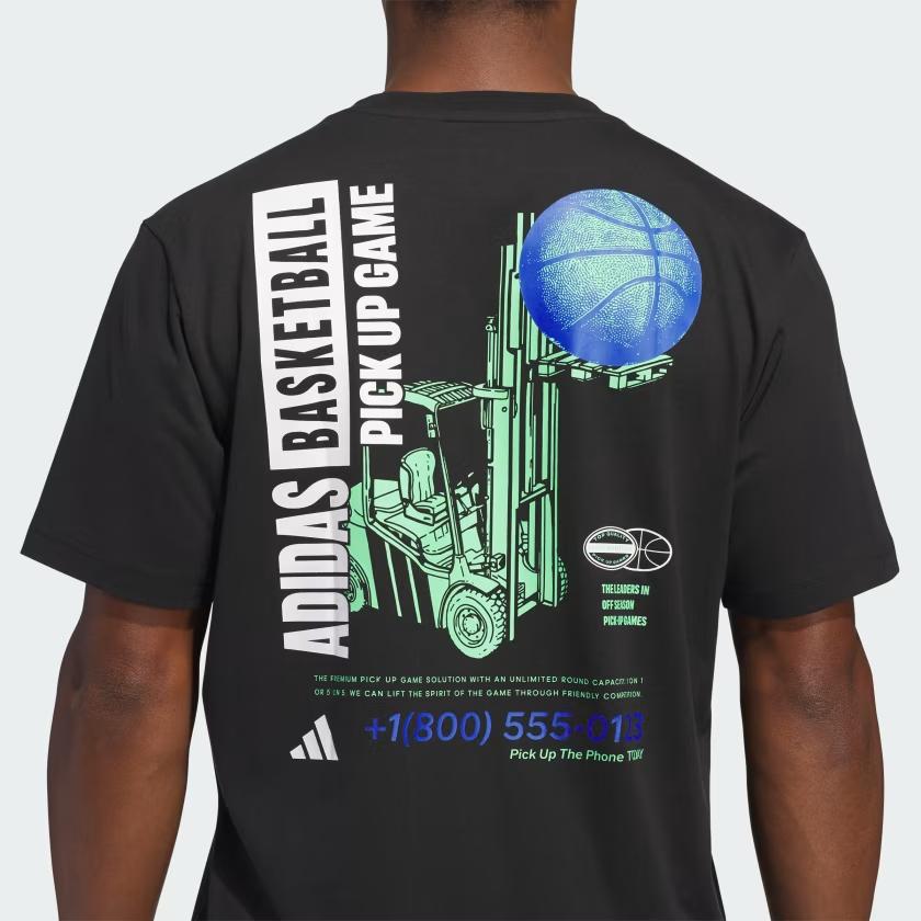 Adidas Basketball SS25 Pick-Up Game Graphic Logo Letter Crew Neck Loose Fit Cotton Short Sleeve T-Shirt Men Tops Black JI7107