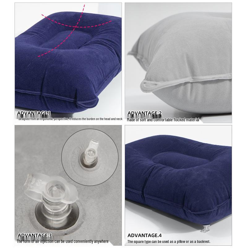 Large Inflatable Camping Pillow - Thickened Flocked Square Design, Folding Travel Pillow for Sleeping and Backrest.