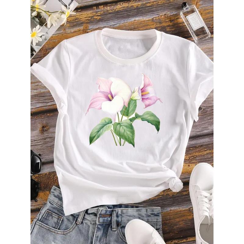 (European Size) 90s Women Flower Watercolor Trend Cute Short Sleeve Fashion Tee Top Clothing Print Lady Casual T-shirt Female Graphic T-shirts