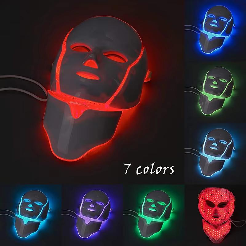 Professional 7 Colors LED Face & Neck Beauty Mask - Home Skincare Light Therapy Device with Remote Control