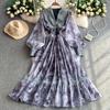 French Lace Splicing V-Neck Lantern Sleeve Dress Women's Summer Printing Waist Lotus Leaf Swing Dress Chiffon