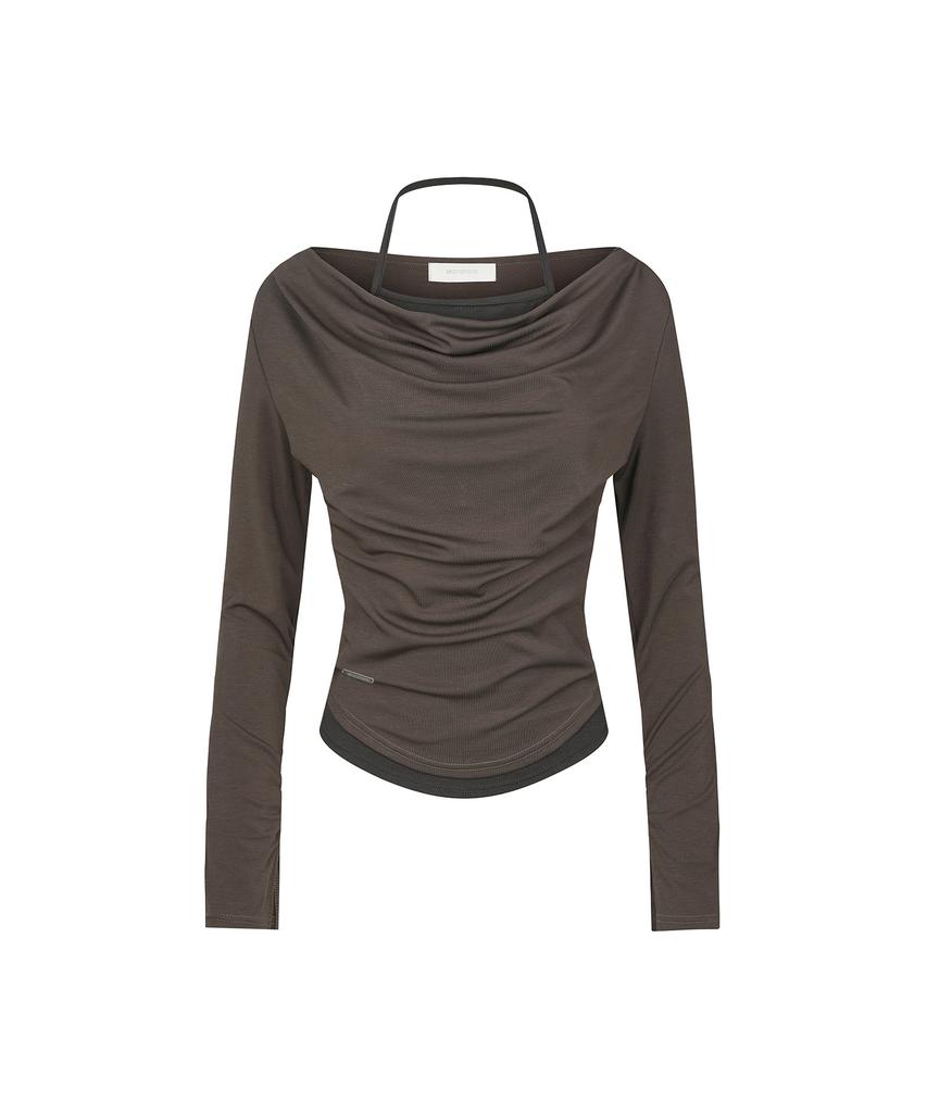 SECONDMONO 2-Way Layered Cowl Neck Top [Brown]_Sewts037Brown